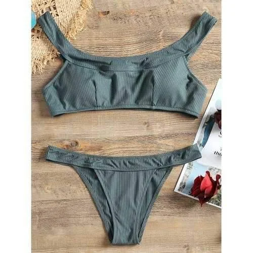 Soft high-neck swim sets for gentle wear -Ribbed Bikini Set - Green S