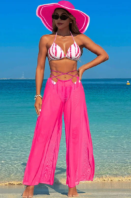 Ruffled bikini swim sets for flirty style -3 Piece Halter Backless Bikini With Chiffon Beach Pants