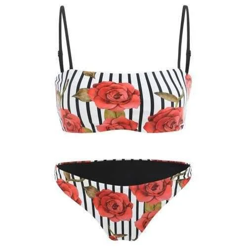 Padded swim sets for comfortable bust lift -Spaghetti Strap Floral Stripe Bikini Set - 2xl