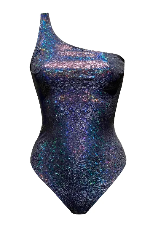 Hiking One-Pieces for Trails -Amelia holographic black python swimsuit