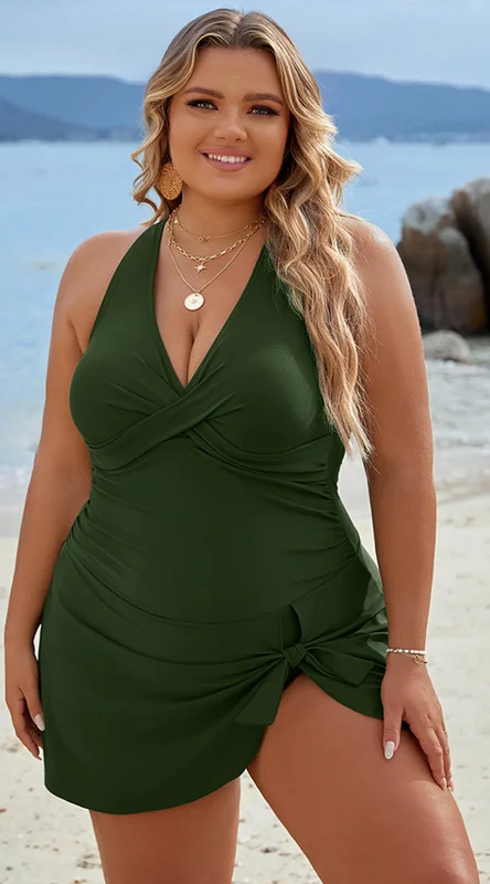 Fishing One-Pieces for Outdoors -Plus Size One Piece Tummy Control Modest Criss Cross Swimsuits Dark Green