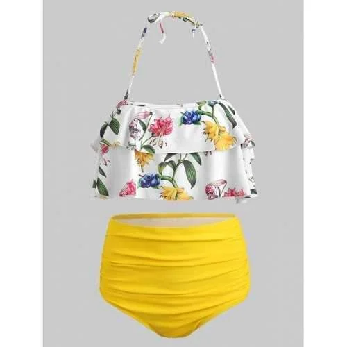 Ruffled bikini swim sets for flirty style -Floral High Waist Halter Bikini Set - Bright Yellow Xl