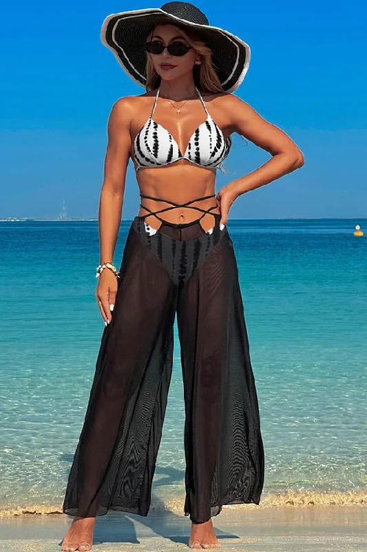 Floral swim sets for romantic summer vibes -3 Piece Halter Backless Bikini With Chiffon Beach Pants