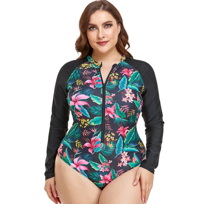 Zippered One-Pieces for Convenience -Plus Size Front Zip Swim Long Sleeve Bathing Swimsuit Multicolor