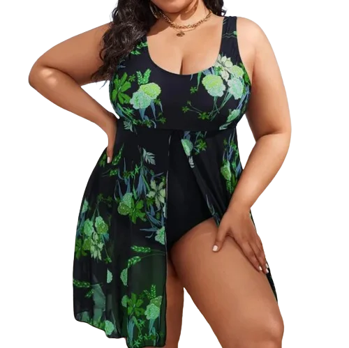 Formal One-Pieces for Occasion -Plus Floral Print Dark Green Split One Piece Swimsuit