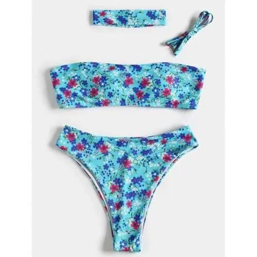 Ruffled swim sets for feminine playful vibes -Floral High Leg Boho Bikini - Blue Zircon S