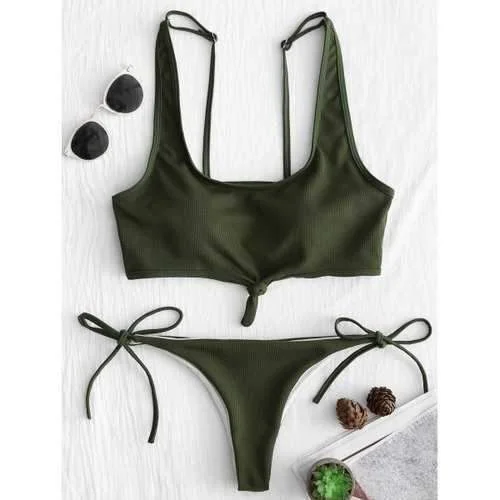 Luxury bikini swim sets with metallic shine -Knot Tied Sides Ribbed Bikini - Green Xl