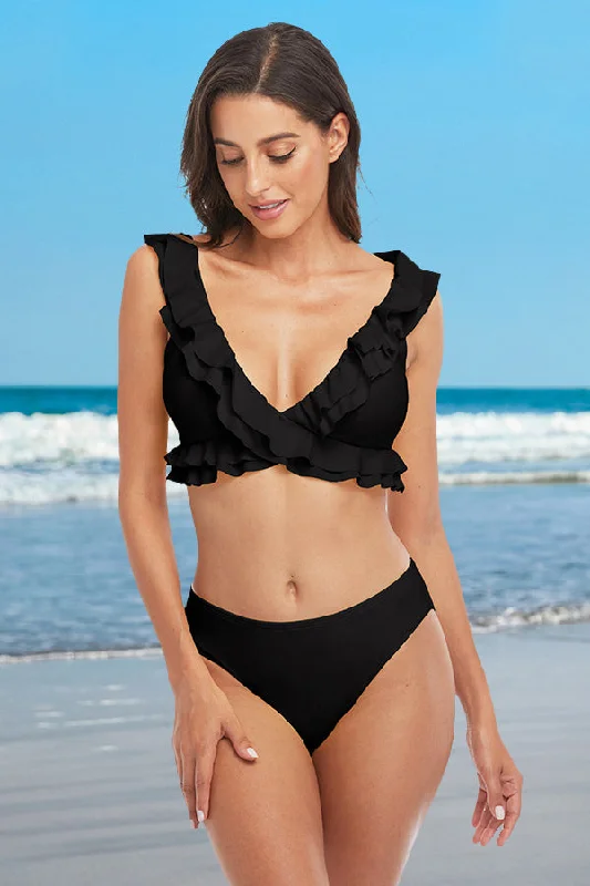 Luxury bikini swim sets with metallic shine -V Neck Ruffle Solid Color Knotted Black Bikini Suits