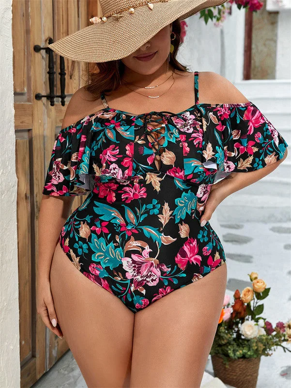 Bodysuit One-Pieces for Layering -Plus Floral Print Lace Up Front Ruffle Trim One Piece Swimsuit Multicolor