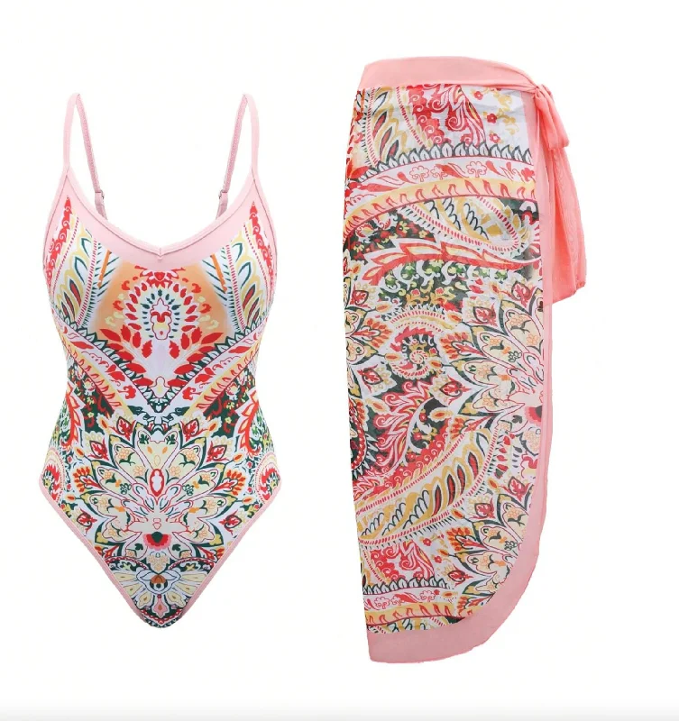 Wrap One-Pieces for Versatile -Pink Oasis Swimsuit & Sarong Set