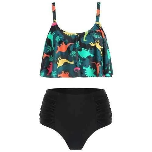 Cute bikini swim sets with tie-front detail -Dinosaur Print High Waist Bikini Set - Xl