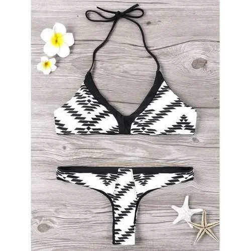 Adjustable high-neck swim sets for perfect fit -Monochrome Halter Bikini Set - White And Black Xl