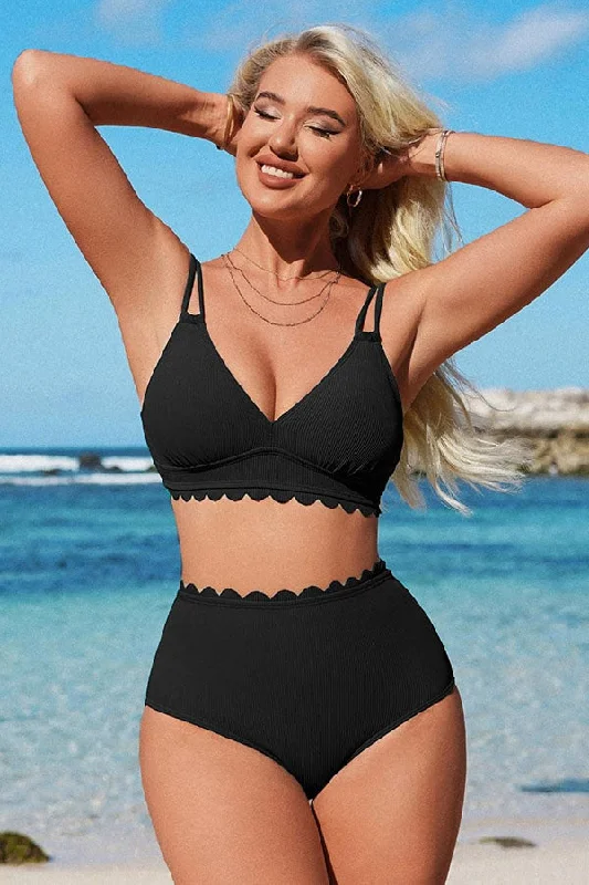 Classic black bikini swim sets for versatility -Scallop Trim V Neck Double Shoulder Straps Ribbed Bikini Set