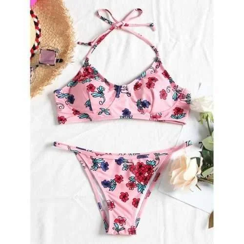 Retro bikini swim sets for nostalgic cool -Halter Floral String Bikini - Light Pink L