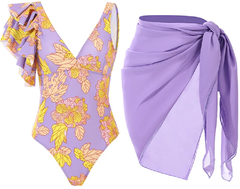 Modern One-Pieces for Trendy -Floral Print Ruffle Trim One Piece Swimsuit With Beach Skirt Purple