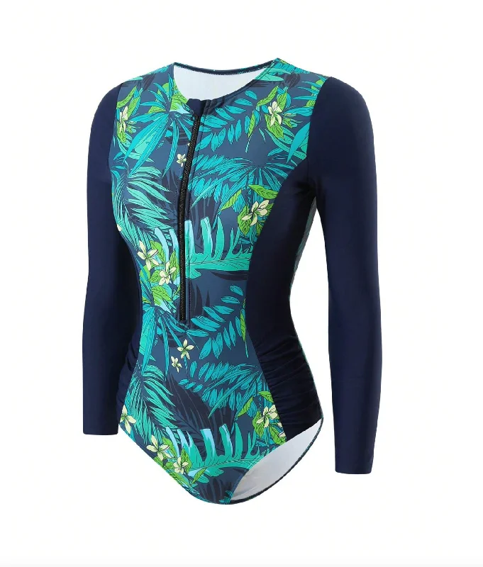 Punk One-Pieces with Spikes -Tropical & Block Ruched Rashguard