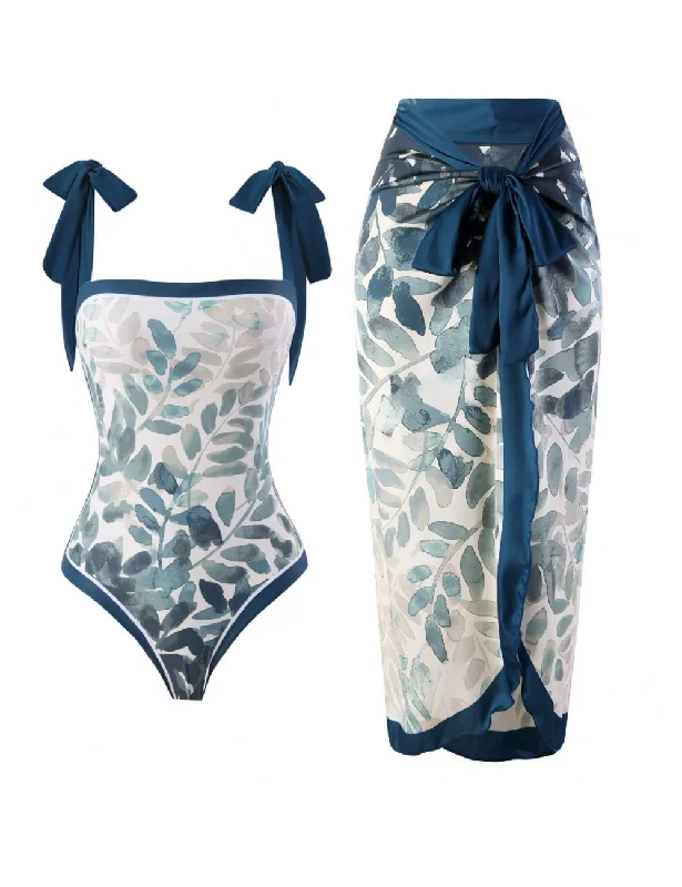 Silk One-Pieces for Luxurious -Watercolor Leaf Print Swimsuit & Sarong Set