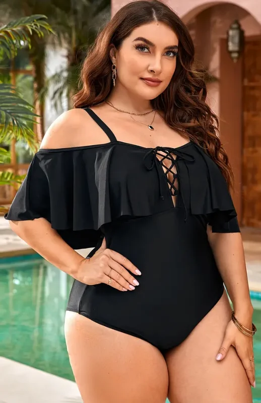 Hippie One-Pieces with Beads -Plus Lace Up Front Ruffle Trim One Piece Swimsuit Black