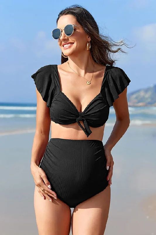 Sporty swim sets for competitive swimming needs -Ruffle Sleeve Ribbed Ruched Pregnancy Bikini Set