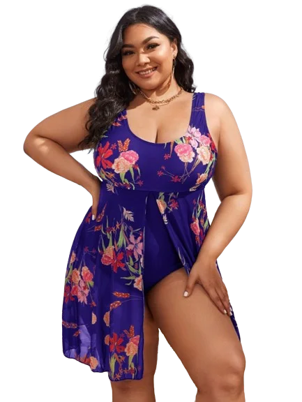 Fishing One-Pieces for Outdoors -Plus Floral Print Blue Split One Piece Swimsuit