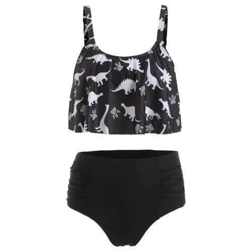 Adjustable swim sets with tie-side bottoms -Dinosaur Print Ruched High Waist Bikini Set - Black M