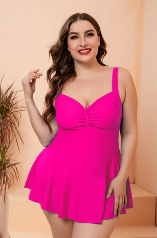 Office One-Pieces for Workday -Plus Size Pink Gathered Detail Swim Dress