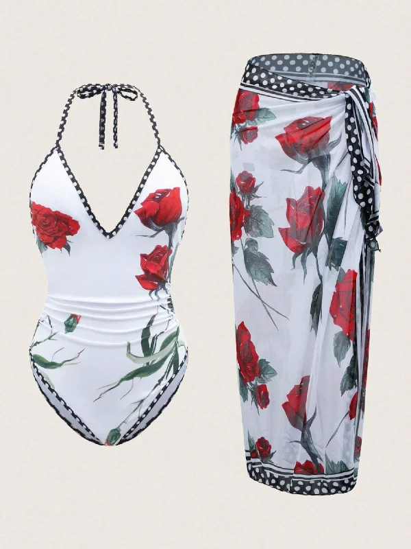 Denim One-Pieces for Durable -Rose Halter Swimsuit & Sarong Set