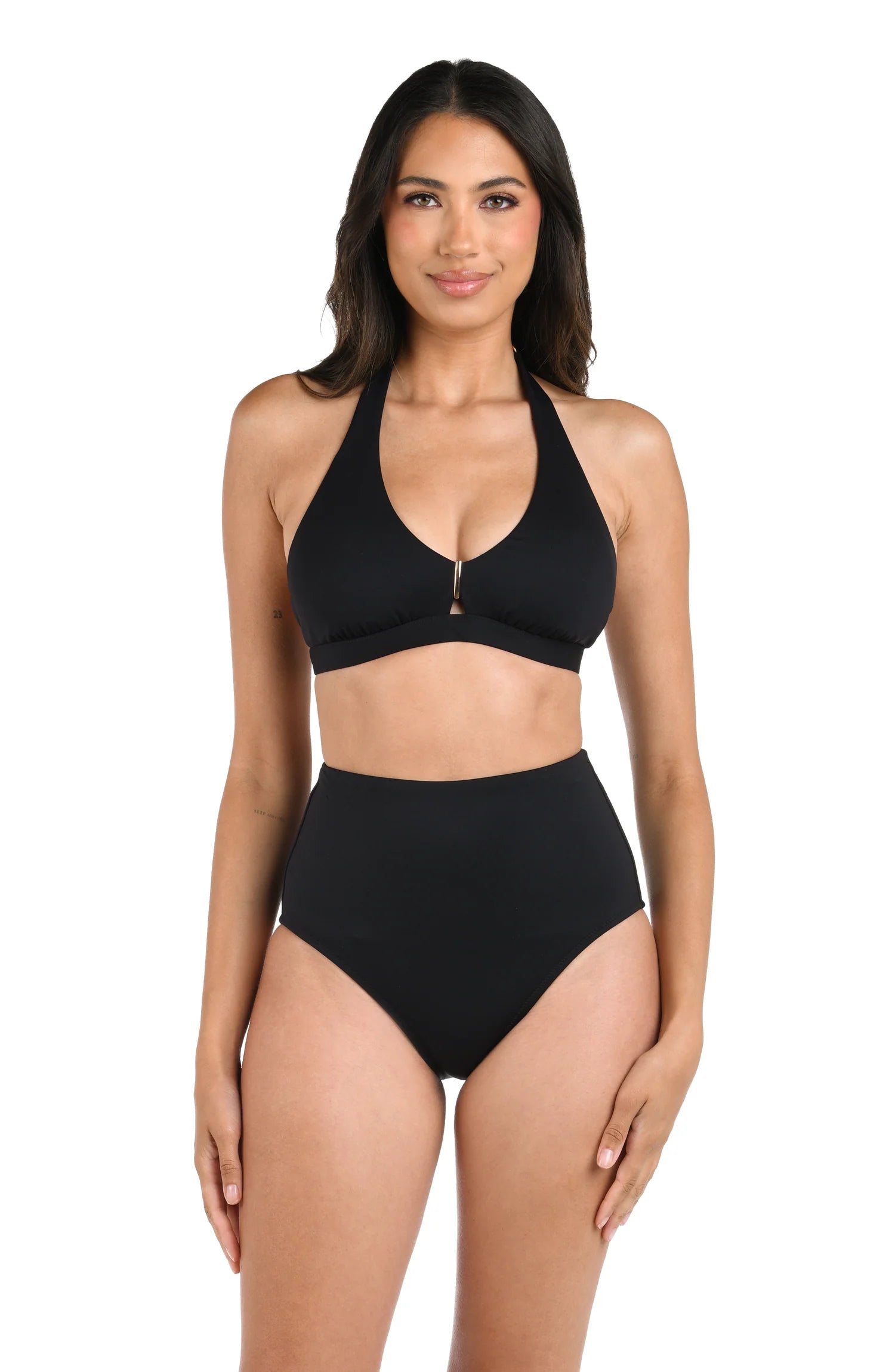 Satin One-Pieces for Shiny -LB Luxe V-Neck Halter Bra With Gold Bar In Black - La Blanca