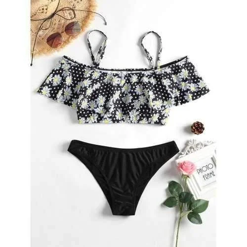 Cute matching swim sets for trendy resort wear -Flounce Floral Bralette Bikini - Black M