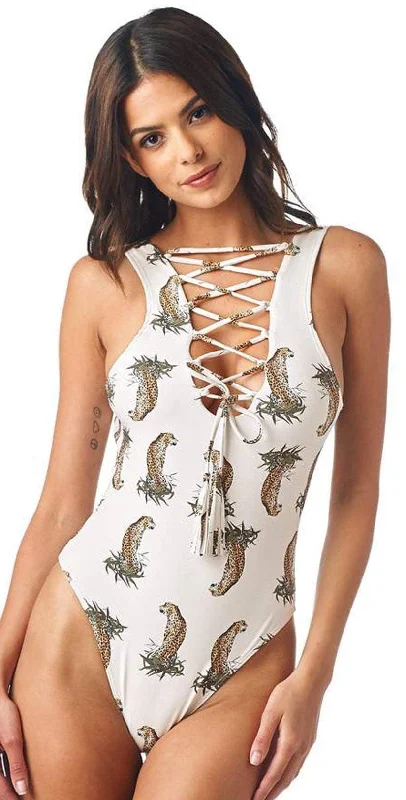 Leather One-Pieces for Luxury -Montce DA Cheetah Repeat Lace-Up One Piece in Cream