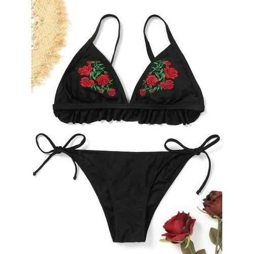 Cute swim sets with playful bow details -Flower Embroidered Low Waist Bikini Set - Black S