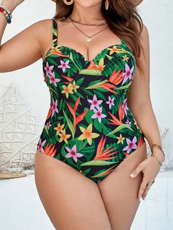 Zippered One-Pieces for Convenience -Plus Tropical Print Push Up One Piece Swimsuit New Green