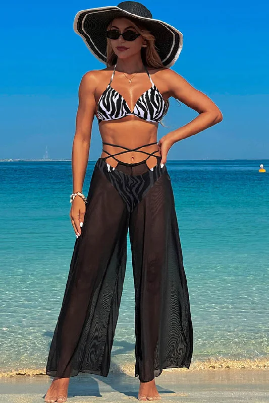 Designer bikini swim sets for upscale appeal -3 Piece Halter Backless Bikini With Chiffon Beach Pants