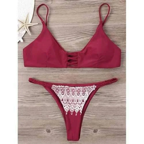 Sporty bikini swim sets for athletic vibes -Lace Overlay Spaghetti Strap Lattice Cut Bikini - Wine Red M