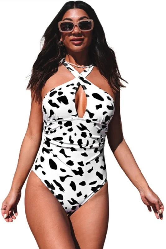 Romper One-Pieces for Casual -Cross Front Leopard Print Ruched One Piece Swimsuit White