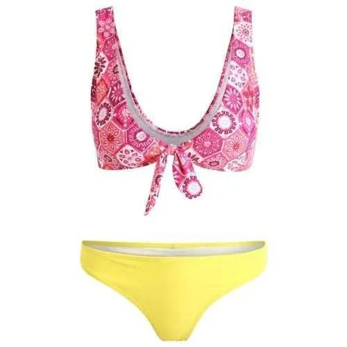 Classic black swim sets for versatile pairing -Low Waist Print Scrunch Bikini - Yellow M