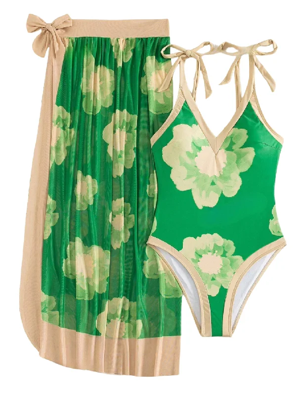 Capri One-Pieces for Playful -LUXE COLLECTION - Green Watercolor Plunge One Piece & Sarong Set