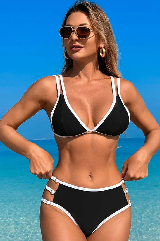 Cute crop swim sets for youthful charm -Color Block V Neck Tie Back Bikini Two-Piece Swimsuit