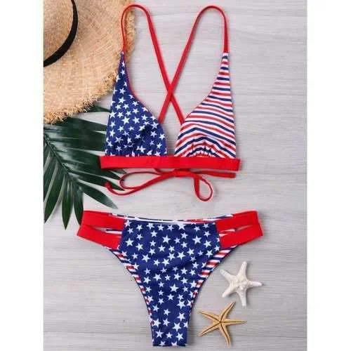 Adjustable tankini swim sets for easy fit -High Cut American Flag Bikini Set - Xl