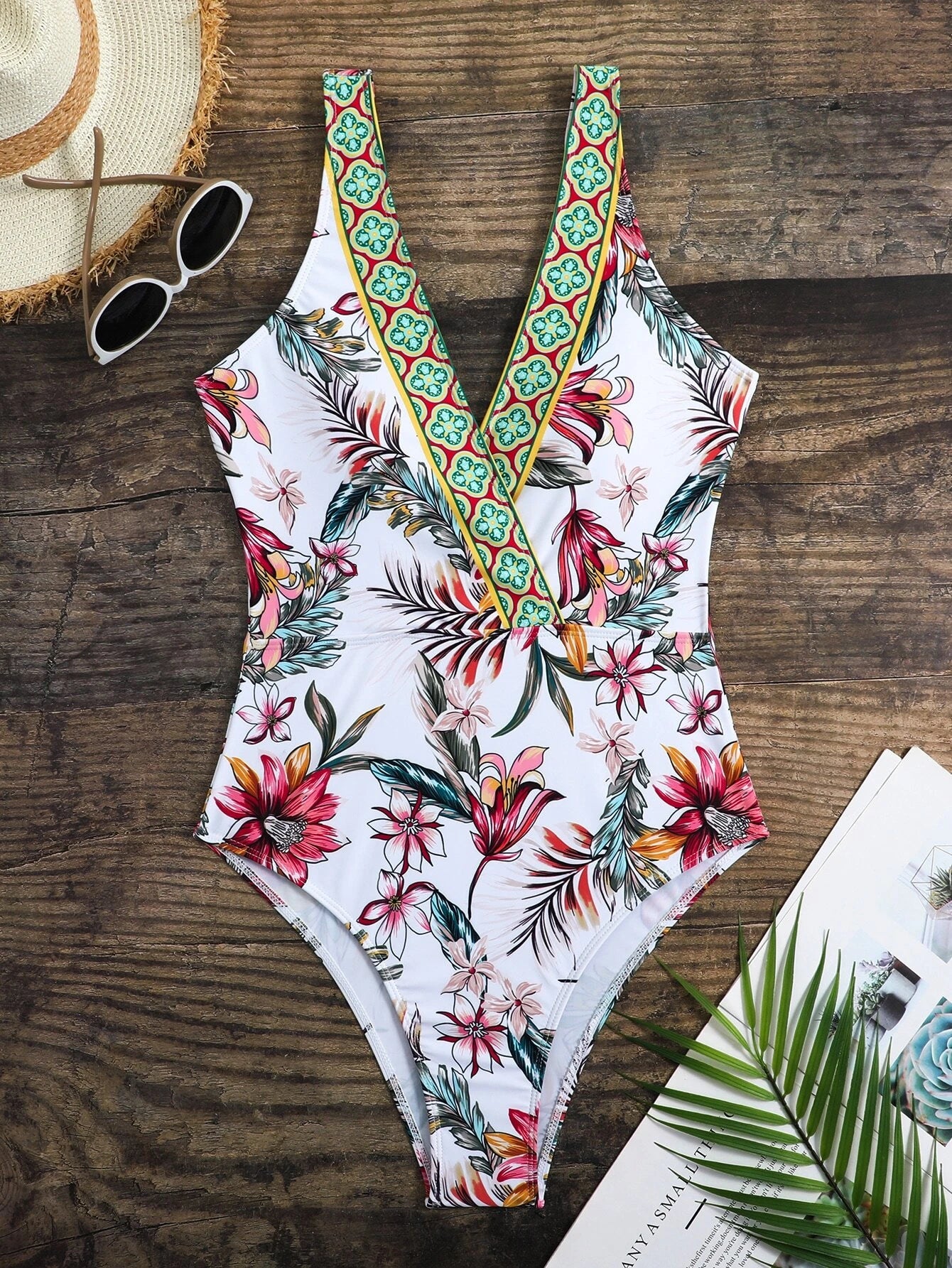 Swimsuit One-Pieces for Beach -Tropical Geo V Neck One Piece