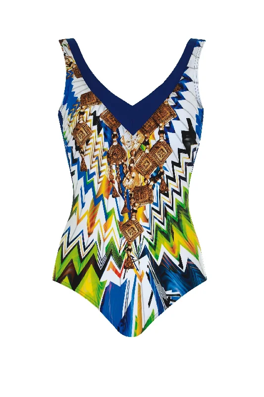 Maximalist One-Pieces for Bling -Sunflair V Neck Geo Natural One Piece Swimsuit