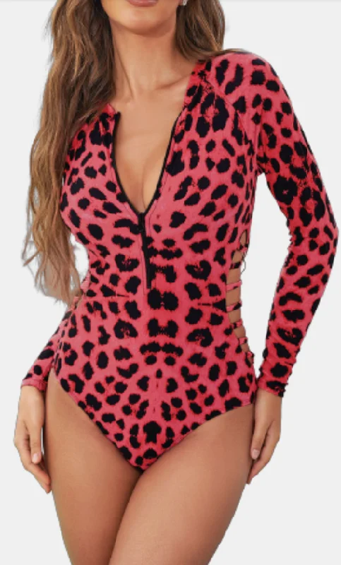 Off-Shoulder One-Pieces for Elegance -Pink Leopard Print Zipper Rash Guard Swimsuit