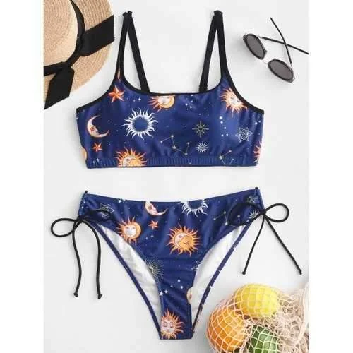 Designer tankini swim sets for high-end style -Sun Stars Moon Print Tie Side Bikini Swimsuit - M