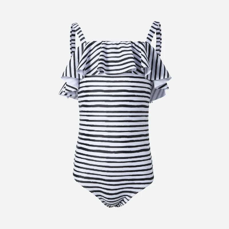 Swimsuit One-Pieces for Beach -Black & White Stripe Girls Swimsuit with Frill