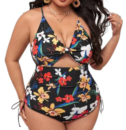 Ski One-Pieces for Winter Sports -Plus Size Black Floral Print Cutout Drawstring One Piece Monokini