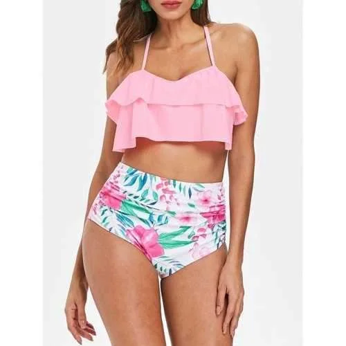 High-neck swim sets for elegant beach coverage -Halter Flounce Flower Bikini Set - Pig Pink Xl