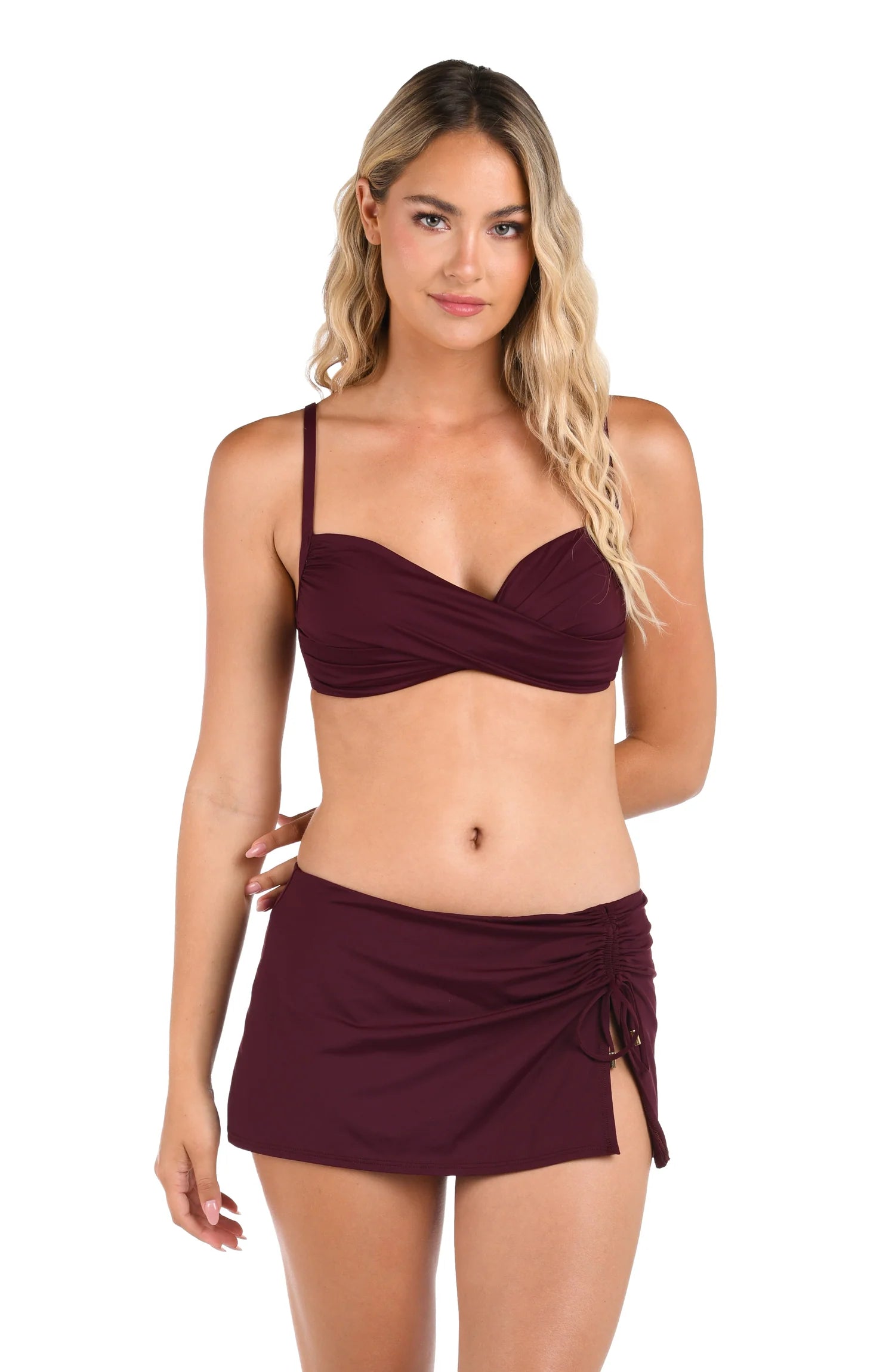 Polyester One-Pieces for Easy -Island Goddess Over The Shoulder Wrap Top In Dark Cherry - La Blanca