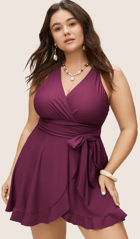 Lingerie One-Pieces for Intimate -Plus Size Plain Ties Wrap Flutters One Piece Swim Dress RedViolet