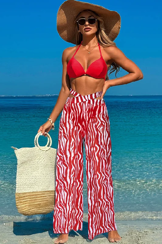 Retro swim sets with polka dot charm -3 Piece Halter Backless Bikini With Chiffon Beach Pants