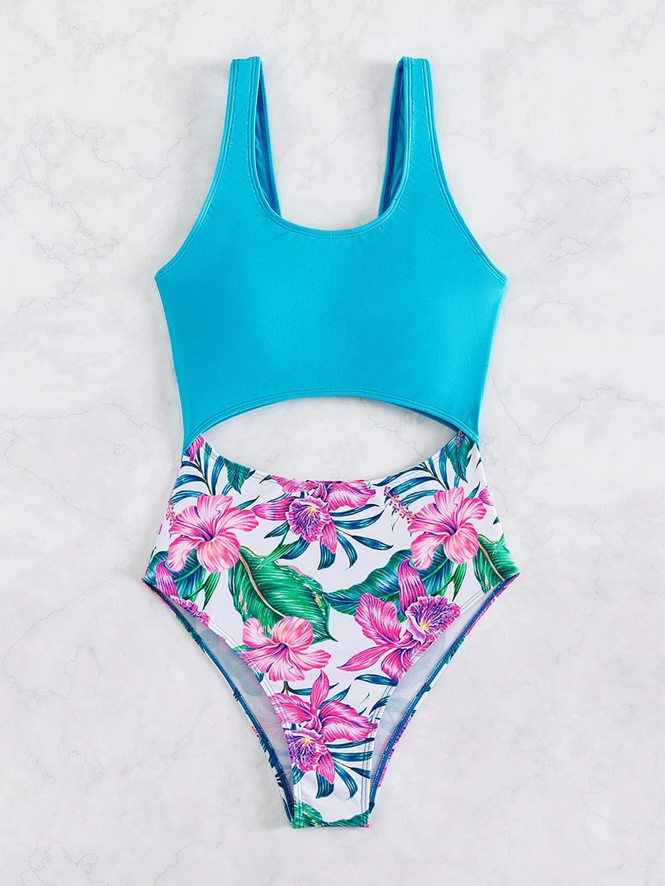 Nylon One-Pieces for Stretch -Blue & Floral Cut Out Swimsuit